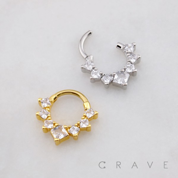 CRESCENT GRADUATED SQUARE CUT MULTI CZ 316L SURGICAL STEEL DAITH SEPTUM HINGED SEGMENT RING CRESCENT GRADUATED SQUARE CUT MULTI CZ 316L SURGICAL STEEL DAITH SEPTUM HINGED SEGMENT RING